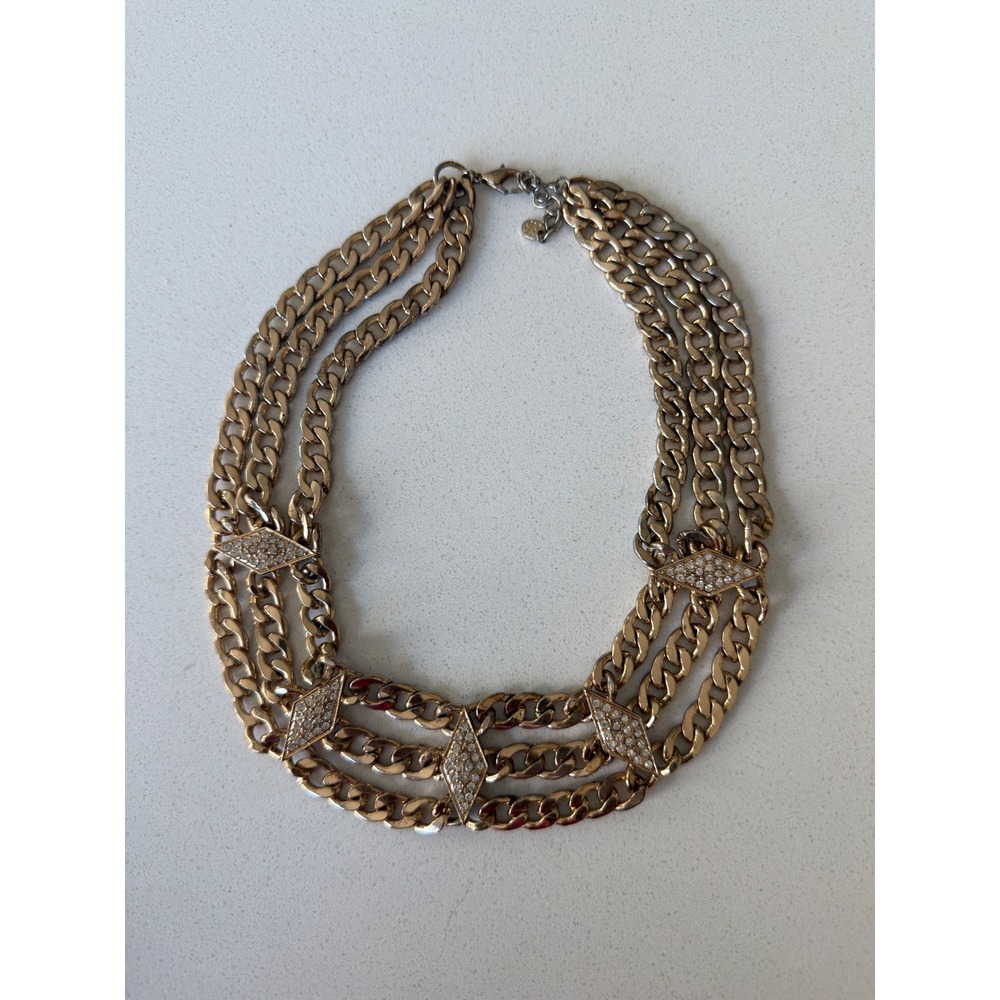 Gold Tone Triple Strand Curb Chain Necklace Rhinestone Diamond Accents Statement